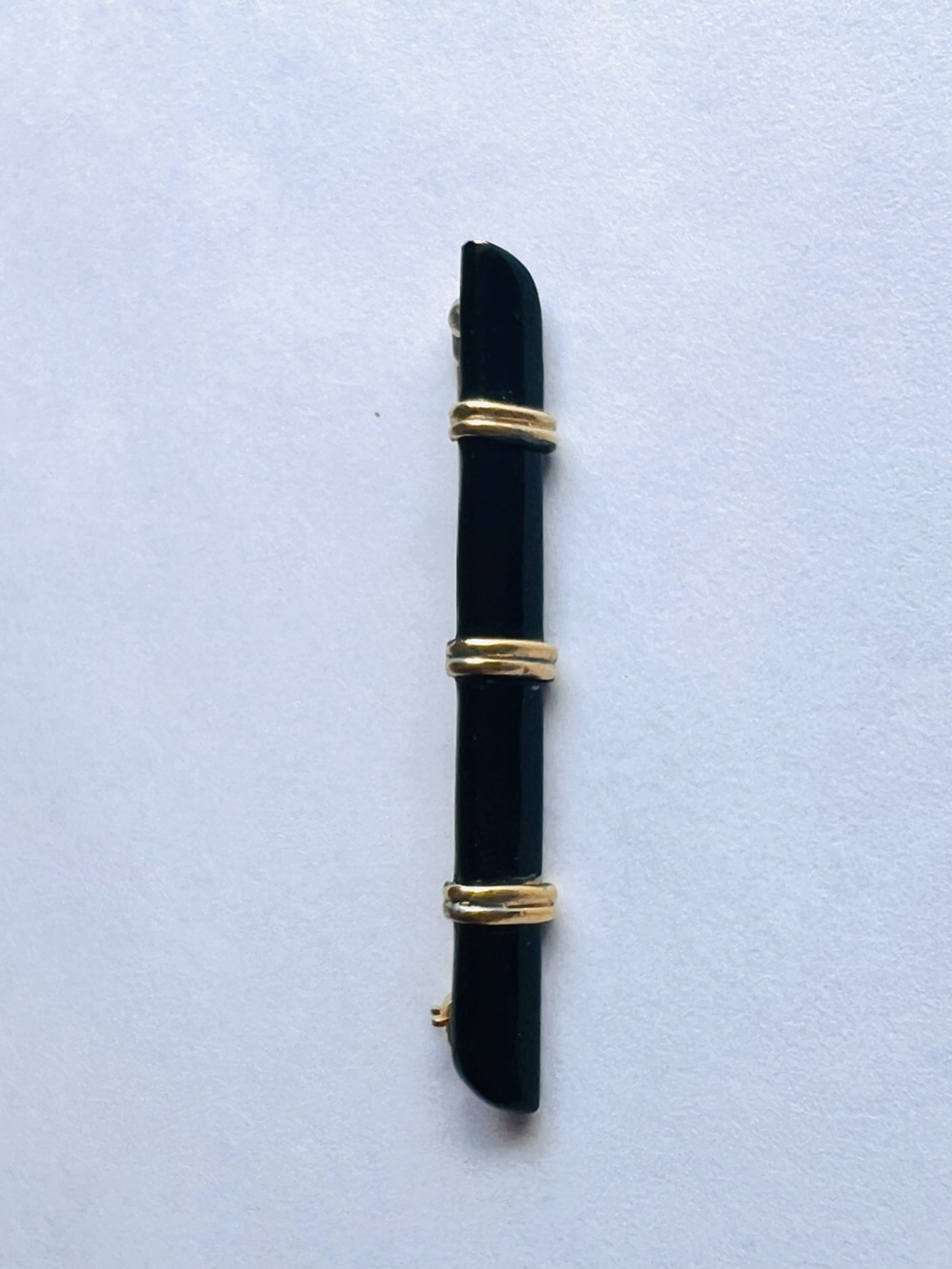 Crown TRIFARI Signed Vintage 1960s Black Enamel & Gold-Tone Bar Pin Mid Century